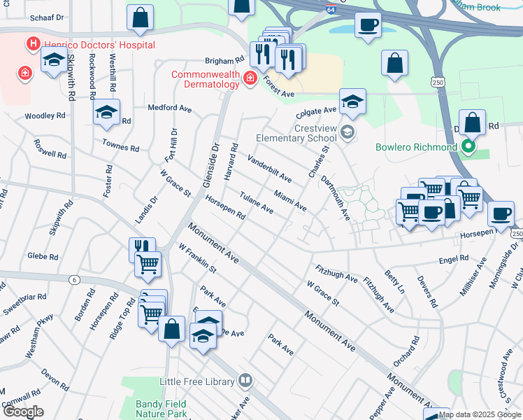 map of restaurants, bars, coffee shops, grocery stores, and more near 6915 Tulane Avenue in Richmond