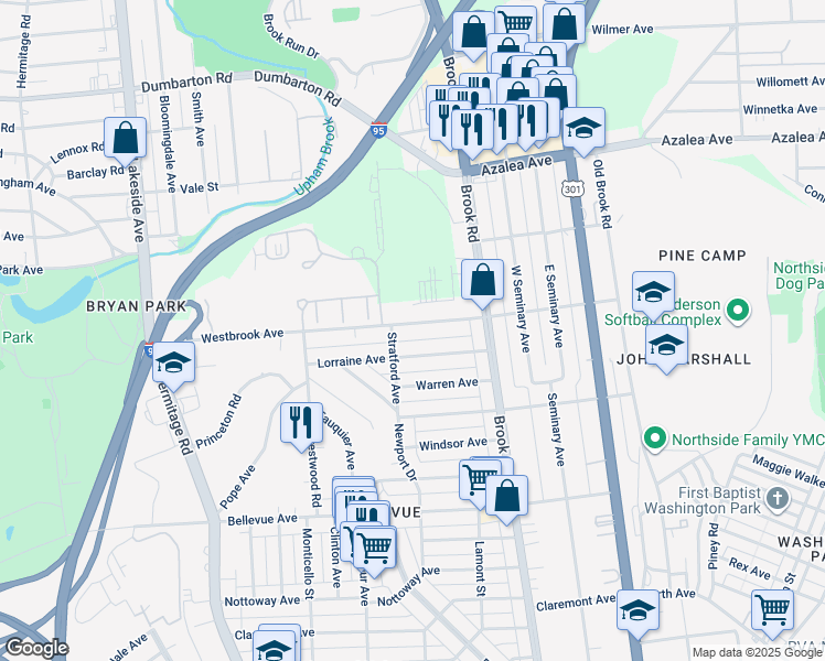 map of restaurants, bars, coffee shops, grocery stores, and more near 1311 Westbrook Avenue in Richmond