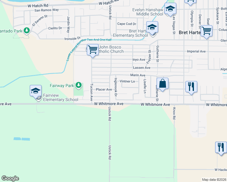 map of restaurants, bars, coffee shops, grocery stores, and more near 1320 Beringer Court in Modesto