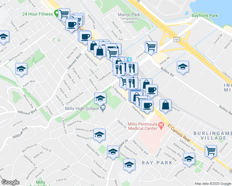 map of restaurants, bars, coffee shops, grocery stores, and more near 131 South Magnolia Avenue in Millbrae