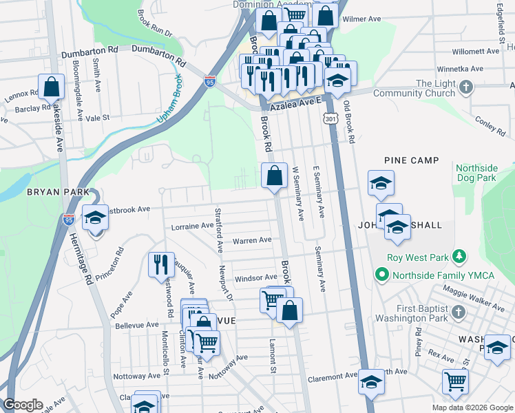 map of restaurants, bars, coffee shops, grocery stores, and more near 1204 Lorraine Avenue in Richmond