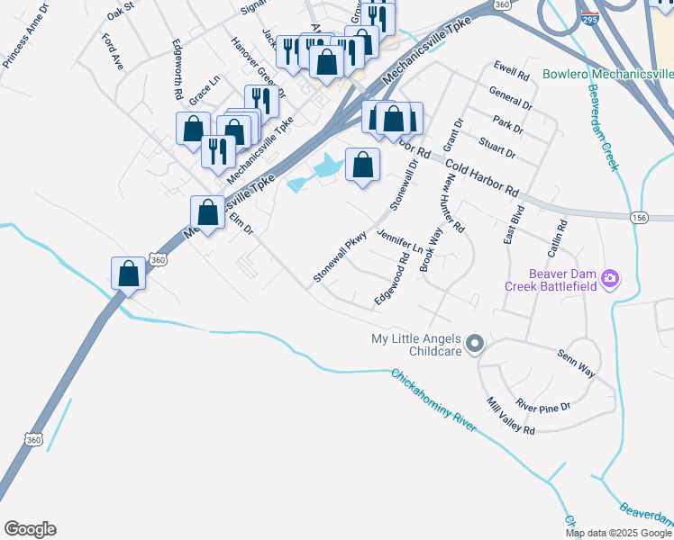 map of restaurants, bars, coffee shops, grocery stores, and more near 7113 Harbor Light Way in Mechanicsville