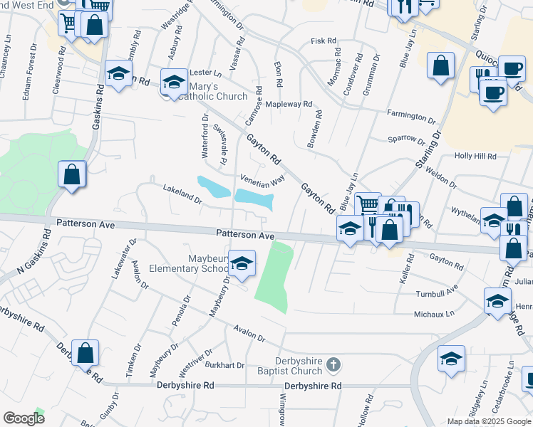 map of restaurants, bars, coffee shops, grocery stores, and more near 9126 Lakeland Drive in Henrico