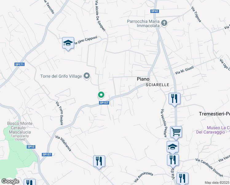 map of restaurants, bars, coffee shops, grocery stores, and more near SP157 in Mascalucia