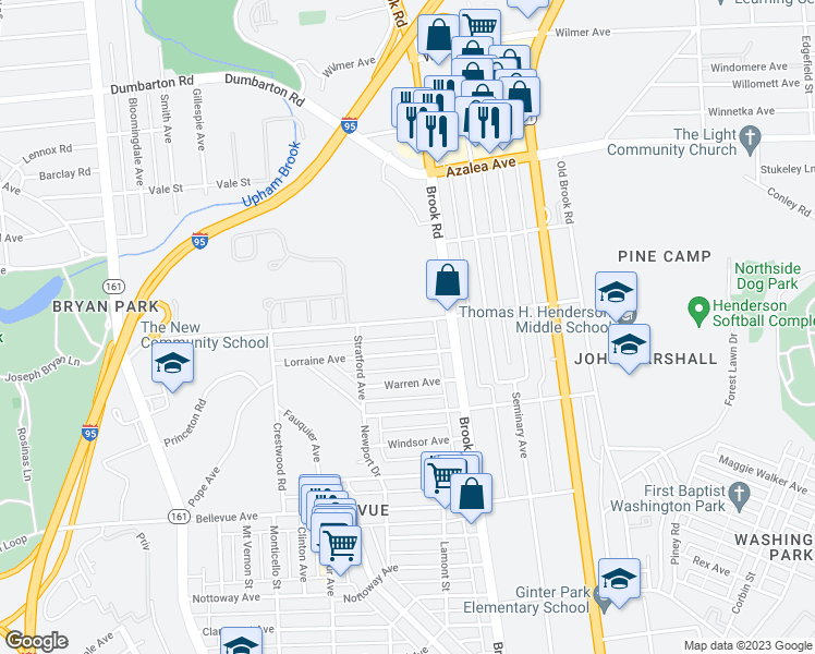 map of restaurants, bars, coffee shops, grocery stores, and more near 1213 Westbrook Avenue in Richmond