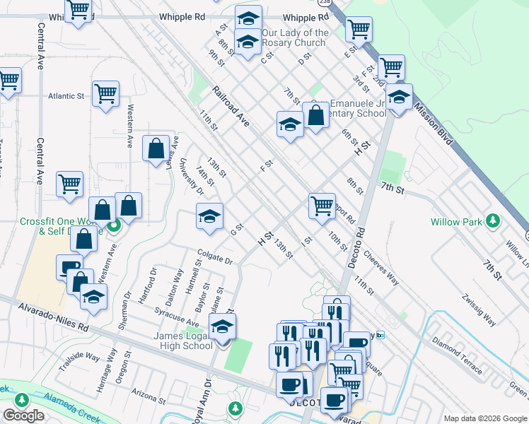map of restaurants, bars, coffee shops, grocery stores, and more near 33719 13th Street in Union City