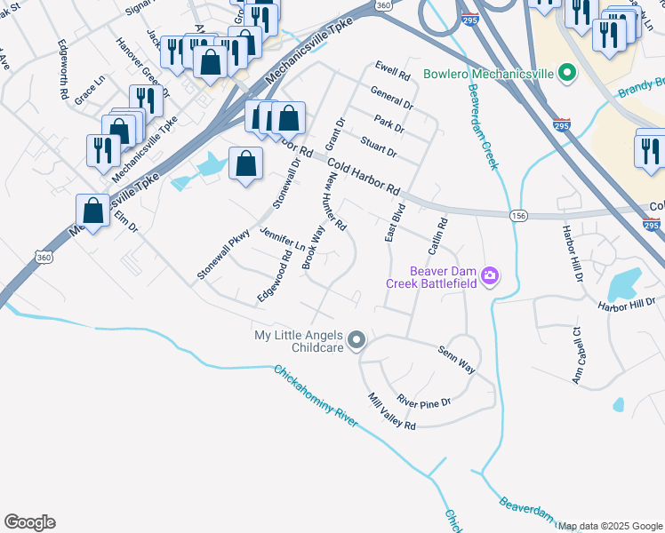 map of restaurants, bars, coffee shops, grocery stores, and more near 7140 Bridle Path in Mechanicsville