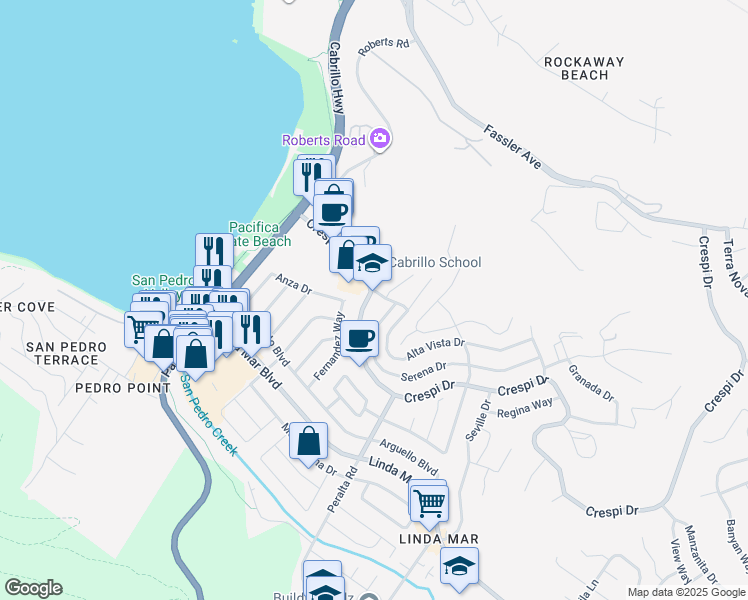 map of restaurants, bars, coffee shops, grocery stores, and more near 690 Crespi Drive in Pacifica