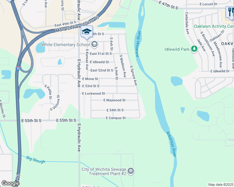 map of restaurants, bars, coffee shops, grocery stores, and more near 5450 South Ash Street in Wichita