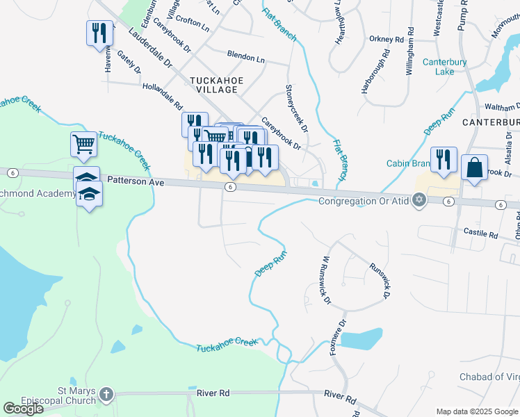 map of restaurants, bars, coffee shops, grocery stores, and more near 11203 Birchcrest Road in Henrico