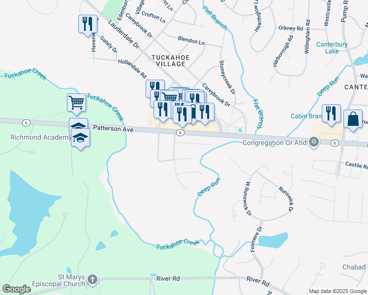 map of restaurants, bars, coffee shops, grocery stores, and more near 11213 Birchcrest Road in Henrico