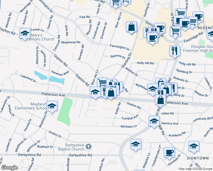 map of restaurants, bars, coffee shops, grocery stores, and more near 1103 Starling Drive in Henrico