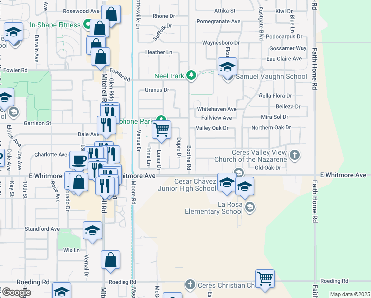 map of restaurants, bars, coffee shops, grocery stores, and more near 3436 Vera Way in Ceres