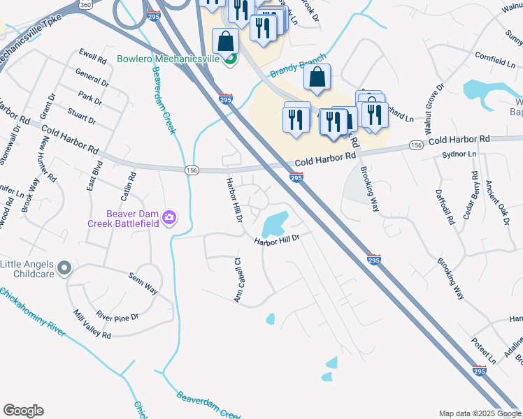 map of restaurants, bars, coffee shops, grocery stores, and more near 7164 Ellerson Mill Circle in Mechanicsville