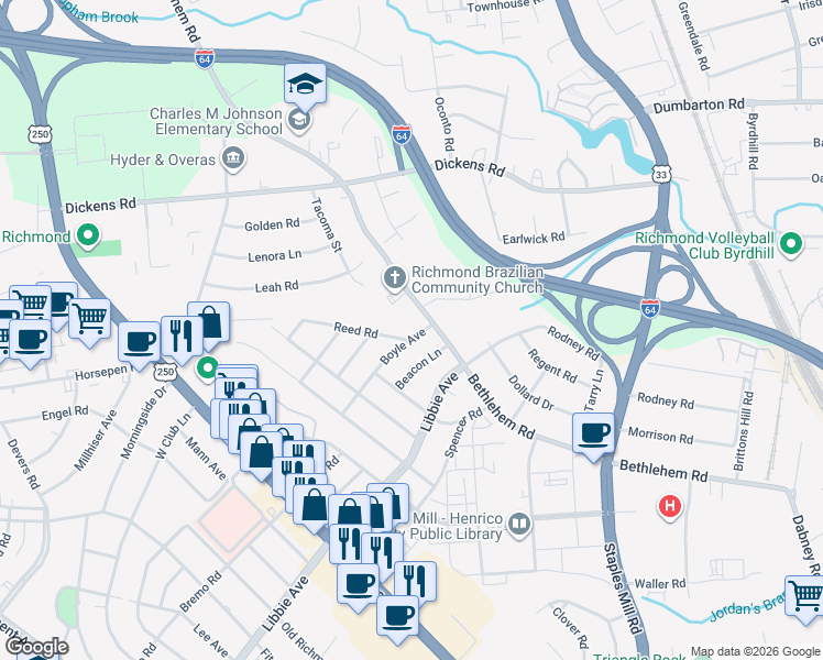 map of restaurants, bars, coffee shops, grocery stores, and more near 2413 Boyle Avenue in Richmond