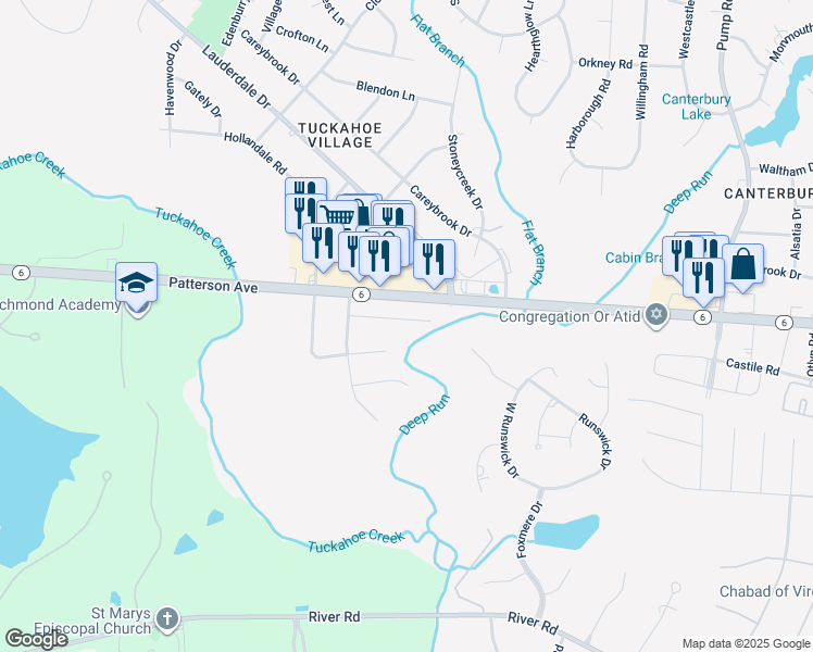map of restaurants, bars, coffee shops, grocery stores, and more near 11203 Birchcrest Road in Henrico