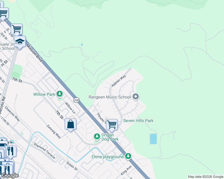map of restaurants, bars, coffee shops, grocery stores, and more near 373 Appian Way in Union City