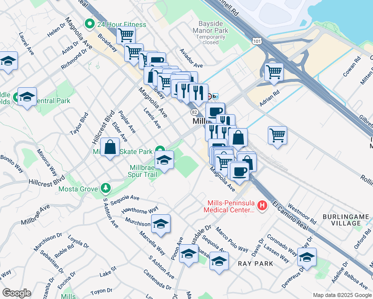 map of restaurants, bars, coffee shops, grocery stores, and more near 35 South Magnolia Avenue in Millbrae
