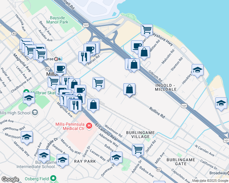 map of restaurants, bars, coffee shops, grocery stores, and more near 30 Ingold Road in Burlingame
