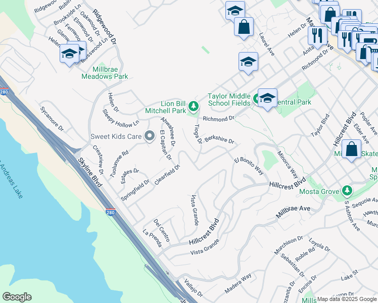 map of restaurants, bars, coffee shops, grocery stores, and more near 842 Clearfield Drive in Millbrae