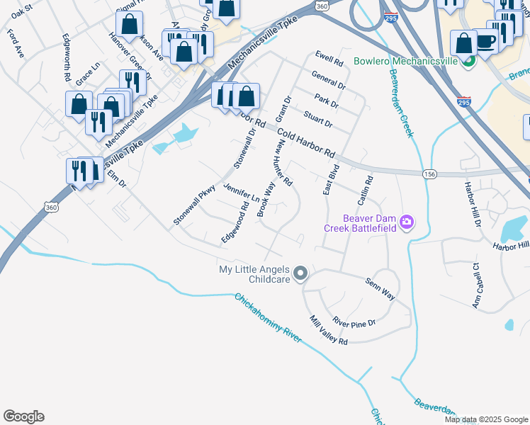 map of restaurants, bars, coffee shops, grocery stores, and more near 7150 Brook Way in Mechanicsville