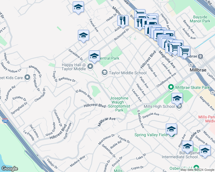 map of restaurants, bars, coffee shops, grocery stores, and more near 871 Almenar Street in Millbrae