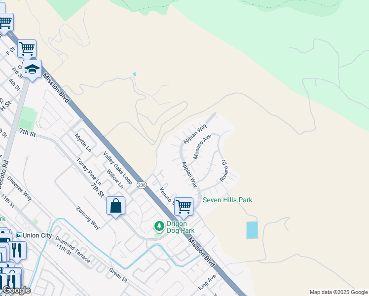 map of restaurants, bars, coffee shops, grocery stores, and more near 373 Appian Way in Union City