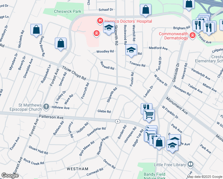 map of restaurants, bars, coffee shops, grocery stores, and more near 1208 Skipwith Road in Richmond