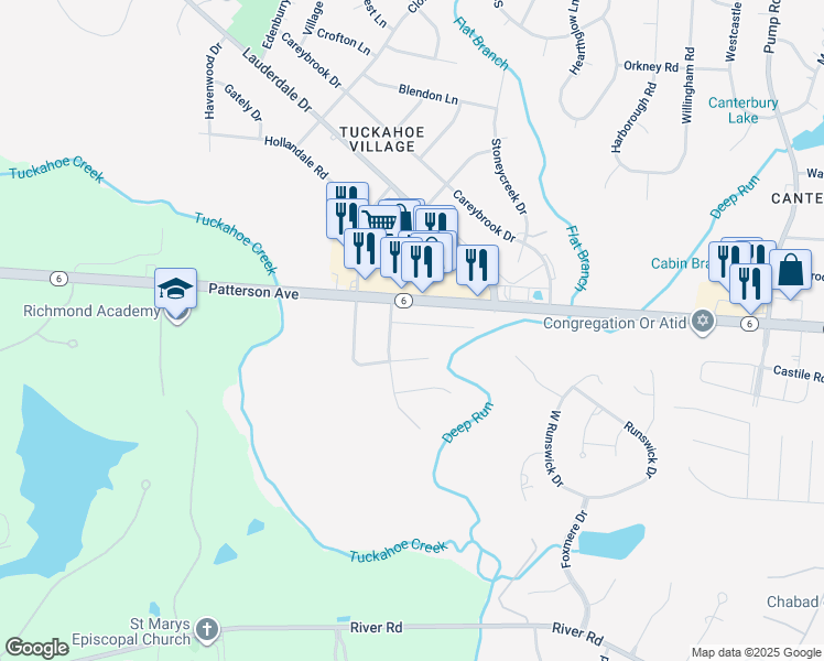 map of restaurants, bars, coffee shops, grocery stores, and more near 11213 Birchcrest Road in Henrico