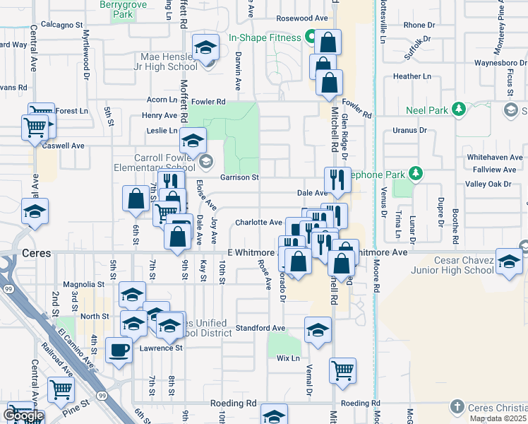 map of restaurants, bars, coffee shops, grocery stores, and more near 2401 Rose Avenue in Ceres