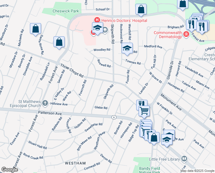 map of restaurants, bars, coffee shops, grocery stores, and more near 1208 Skipwith Road in Richmond