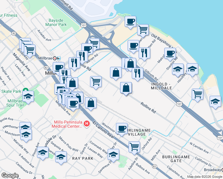 map of restaurants, bars, coffee shops, grocery stores, and more near 1755 Rollins Road in Burlingame
