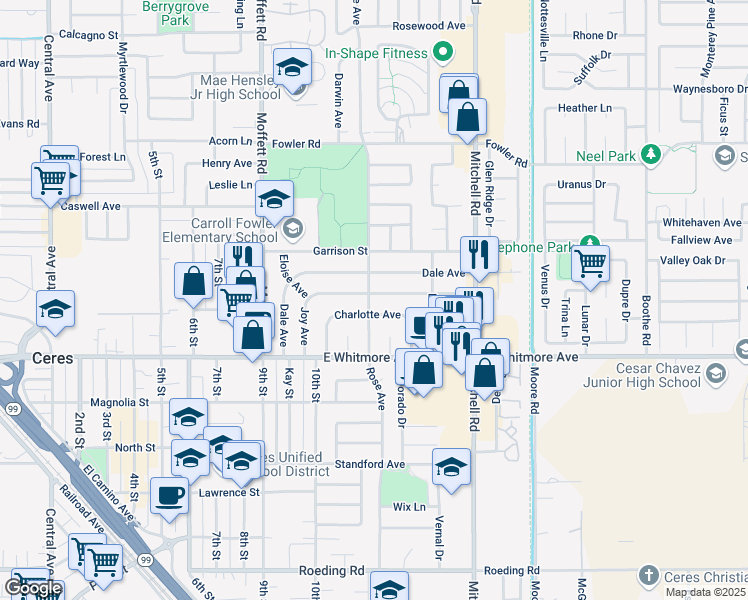 map of restaurants, bars, coffee shops, grocery stores, and more near 2401 Rose Avenue in Ceres