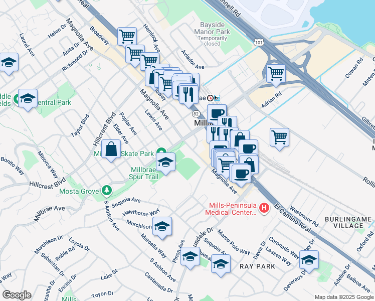 map of restaurants, bars, coffee shops, grocery stores, and more near 75 South Magnolia Avenue in Millbrae