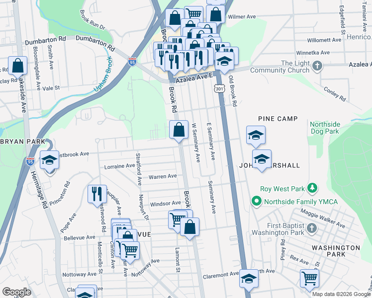 map of restaurants, bars, coffee shops, grocery stores, and more near 4524 West Seminary Avenue in Richmond