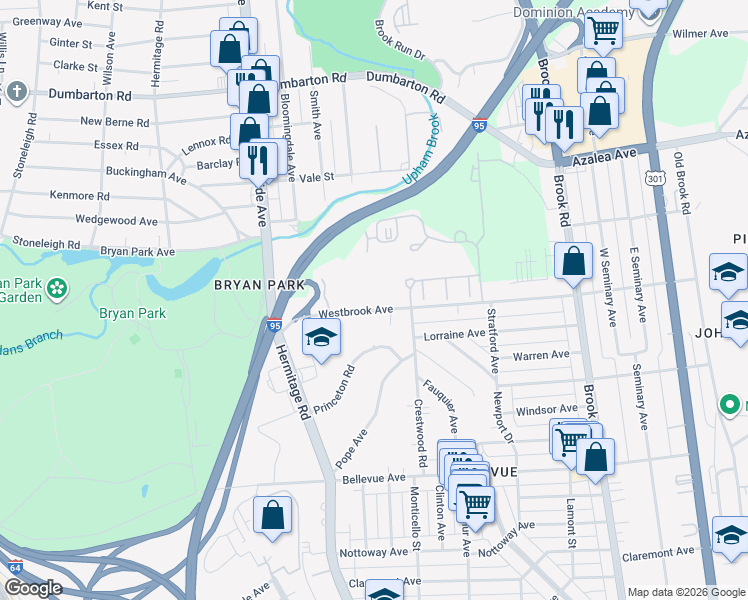 map of restaurants, bars, coffee shops, grocery stores, and more near 1605 Westbrook Avenue in Richmond