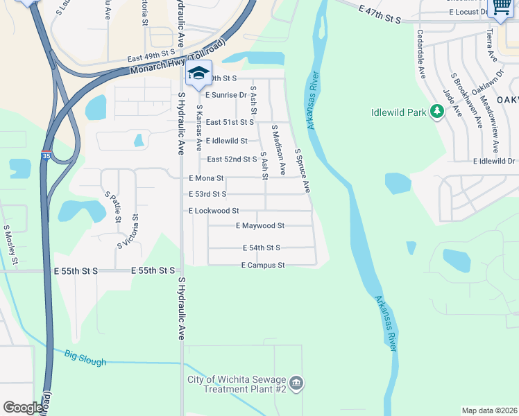 map of restaurants, bars, coffee shops, grocery stores, and more near 5450-5498 Ash in Wichita