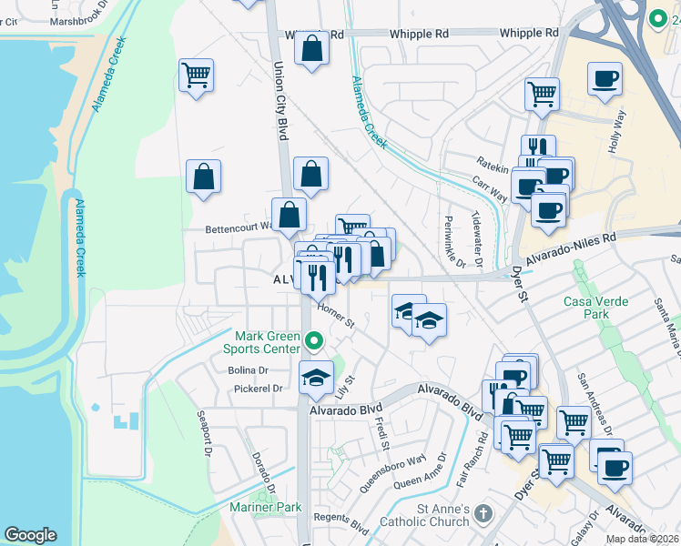 map of restaurants, bars, coffee shops, grocery stores, and more near 3919 Smith Street in Union City