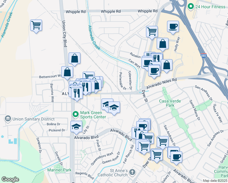 map of restaurants, bars, coffee shops, grocery stores, and more near 30996 Granger Avenue in Union City