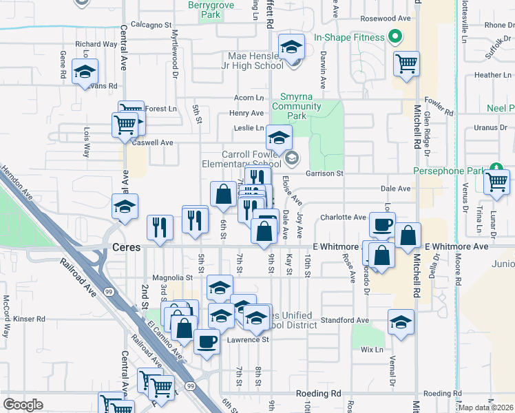 map of restaurants, bars, coffee shops, grocery stores, and more near 2303 Moffett Road in Ceres