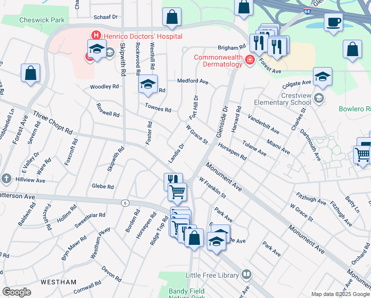 map of restaurants, bars, coffee shops, grocery stores, and more near 1405 Landis Drive in Richmond
