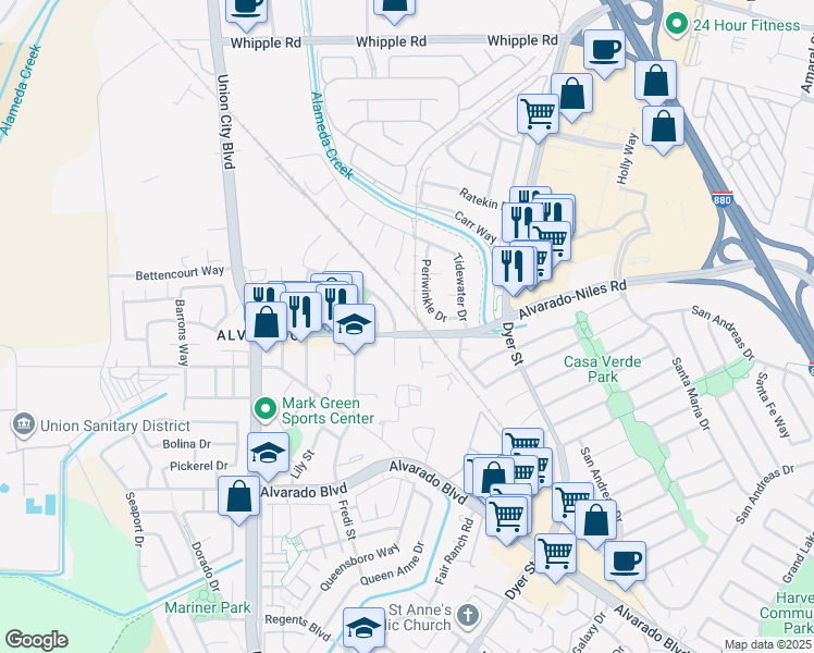 map of restaurants, bars, coffee shops, grocery stores, and more near 30996 Granger Avenue in Union City