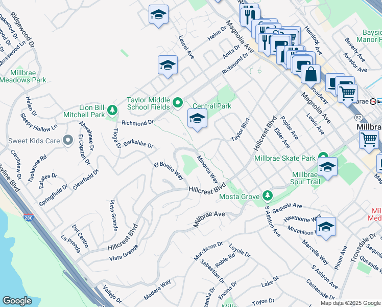 map of restaurants, bars, coffee shops, grocery stores, and more near 28 Camino Alto in Millbrae