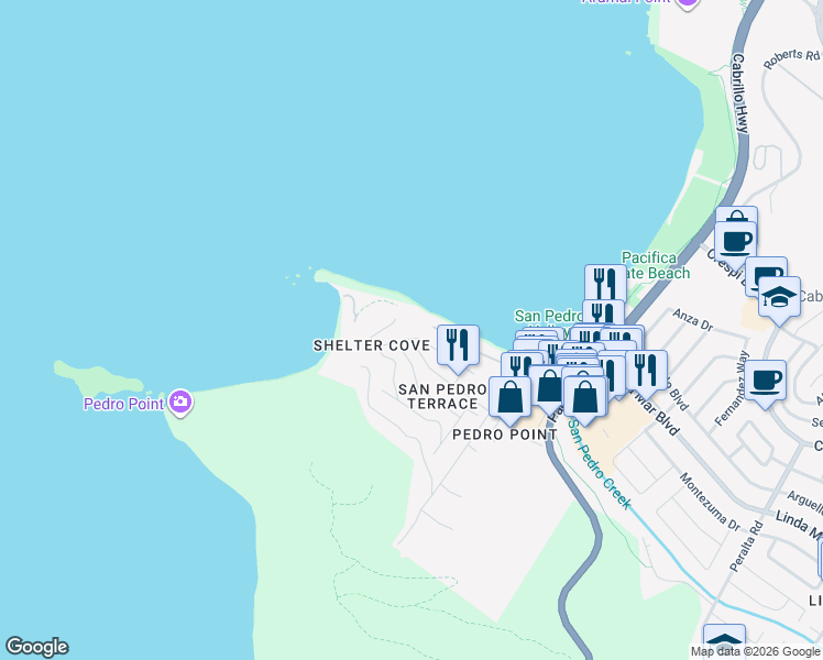 map of restaurants, bars, coffee shops, grocery stores, and more near 106-60, 109-63 Shelter Cove in Pacifica