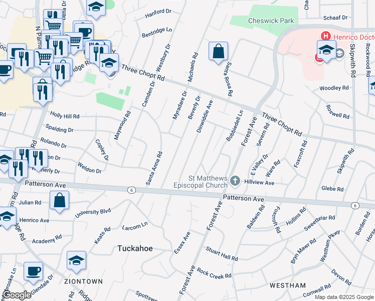 map of restaurants, bars, coffee shops, grocery stores, and more near 1212 Dinwiddie Avenue in Richmond