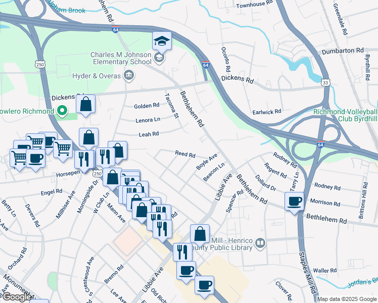 map of restaurants, bars, coffee shops, grocery stores, and more near 2416 Reed Road in Richmond