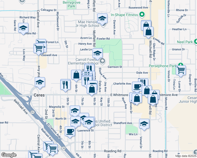 map of restaurants, bars, coffee shops, grocery stores, and more near 2132 Eloise Avenue in Ceres