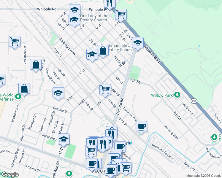map of restaurants, bars, coffee shops, grocery stores, and more near 33819 9th Street in Union City