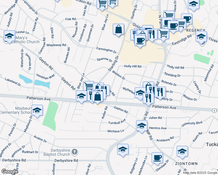 map of restaurants, bars, coffee shops, grocery stores, and more near 1200 Rosecroft Road in Richmond