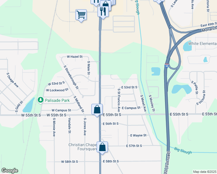 map of restaurants, bars, coffee shops, grocery stores, and more near 5360 South Broadway in Wichita